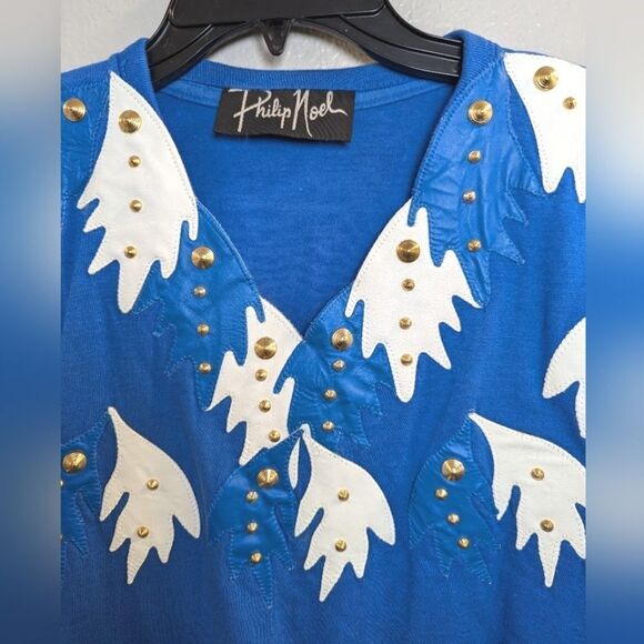 Phillip Noel blue white leather embellished studded vintage tunic T-shirt top OS - Picture 2 of 8